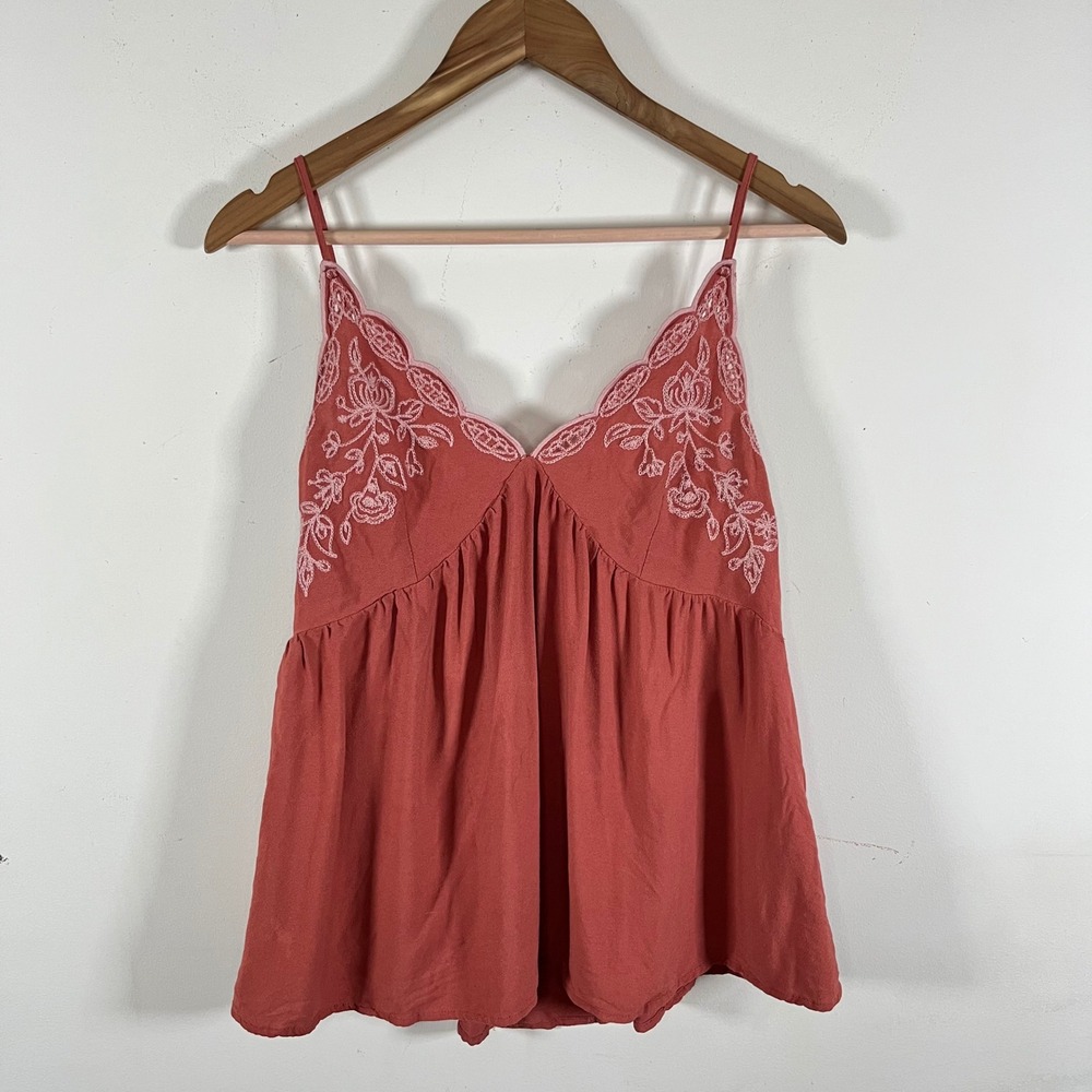 Embroidered Floral Babydoll Tank top Burnt Orange V-Neck Scalloped Hem Bohemian